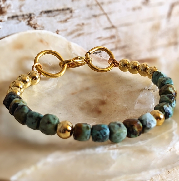 Natural African Turquoise & Gold Balls In Half And Half Beaded Bracelet - Picture 3 of 6